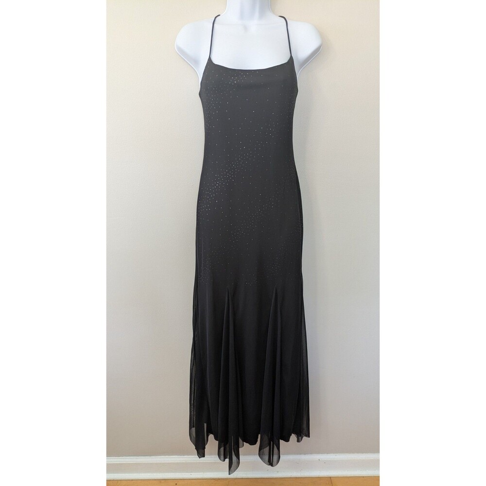 Vtg 90s Y2K Black Glitter Maxi Dress M Whimsigoth Fairy Grunge Prom Open Back